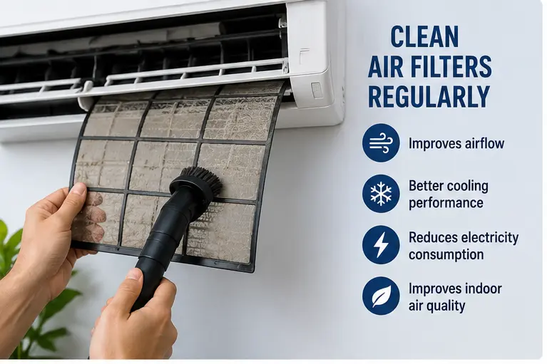cleaning AC air filters improves airflow and reduces electricity consumption